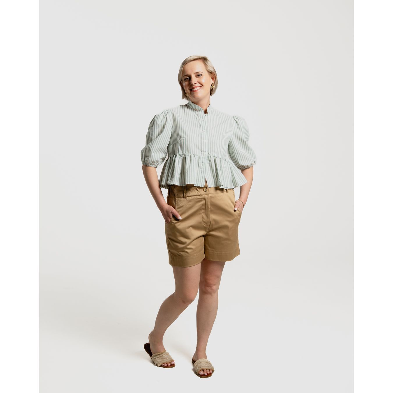 Peplum Blouse - Sage and White Stripe