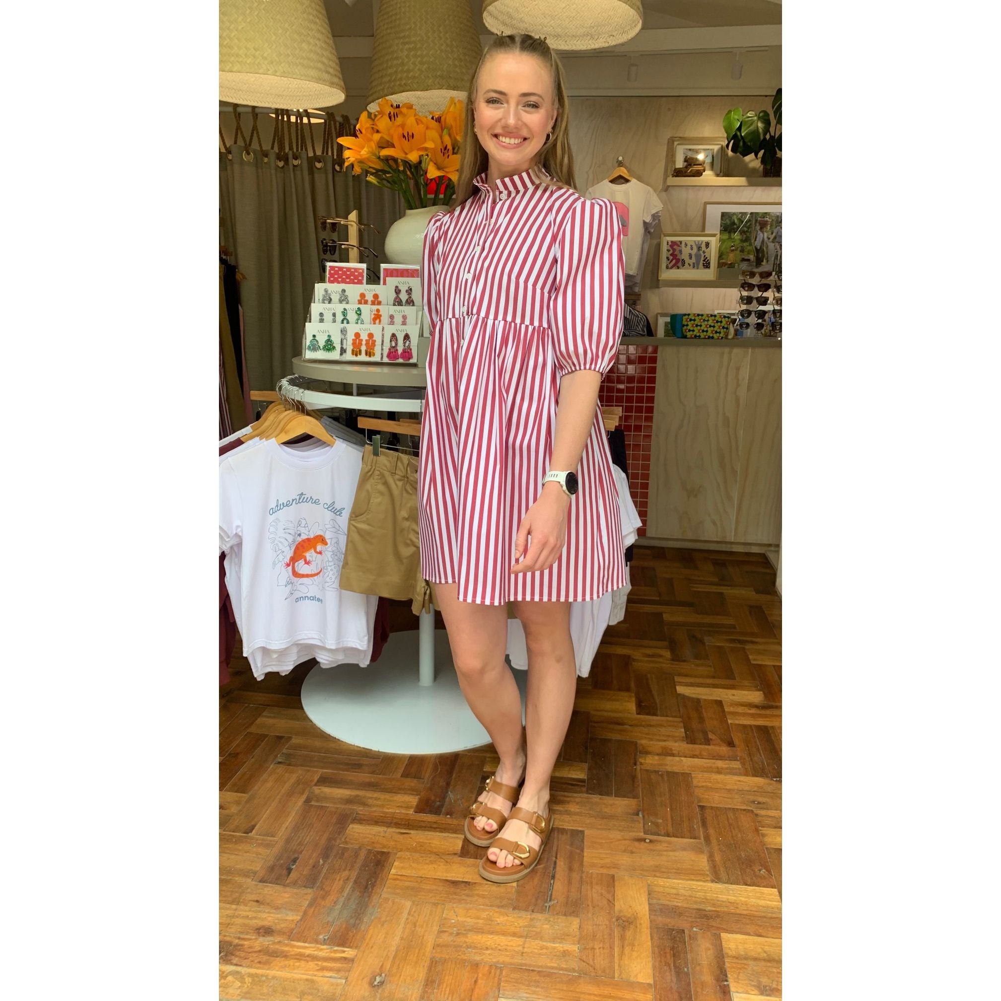 Cotton Poplin Dress - Red and White Stripe