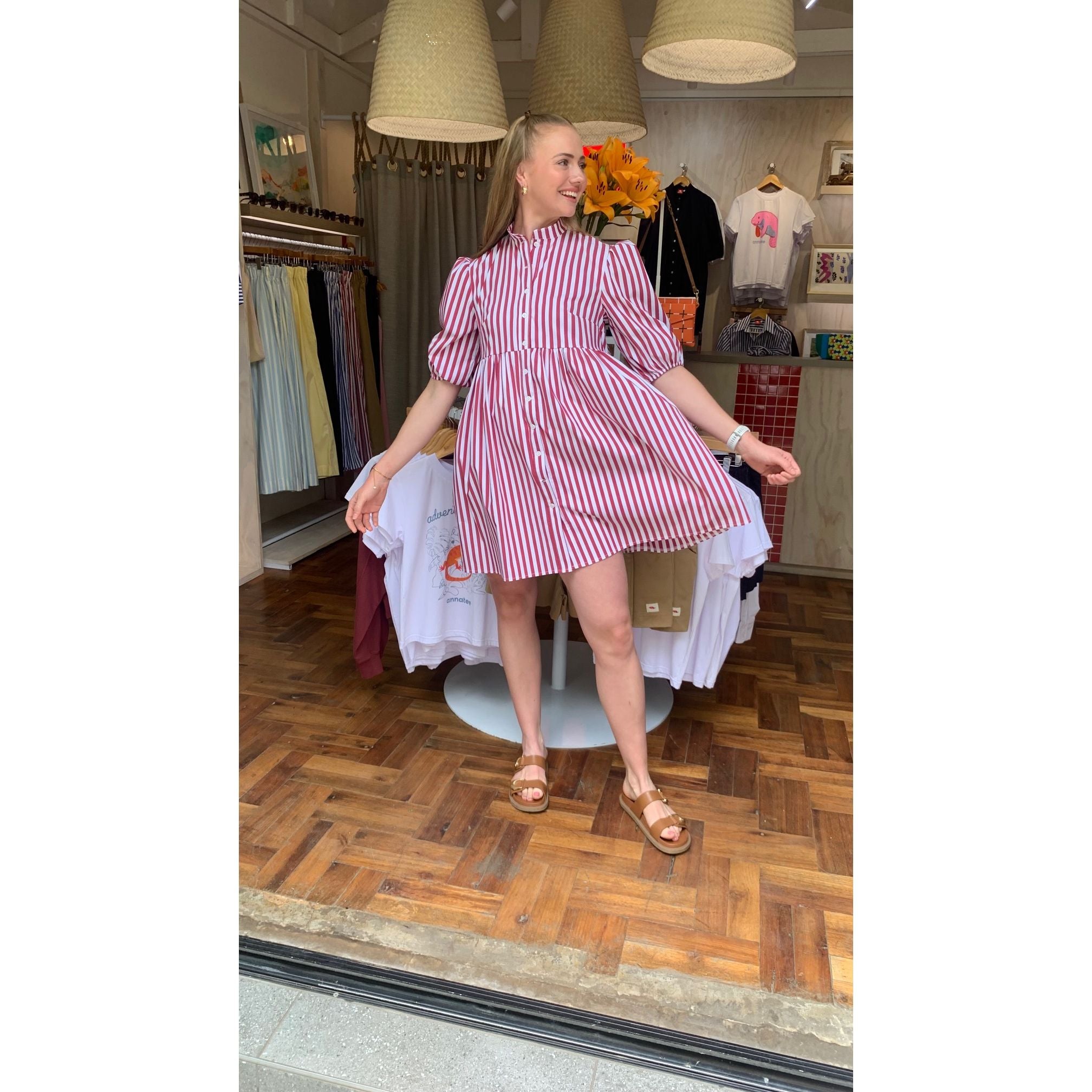 Cotton Poplin Dress - Red and White Stripe