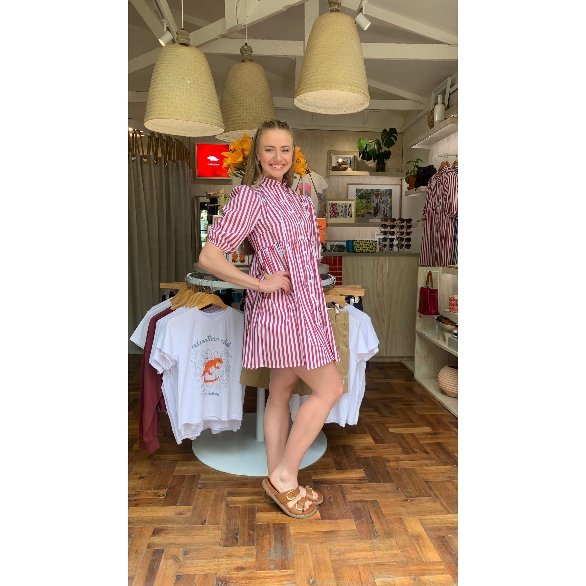 Cotton Poplin Dress - Red and White Stripe