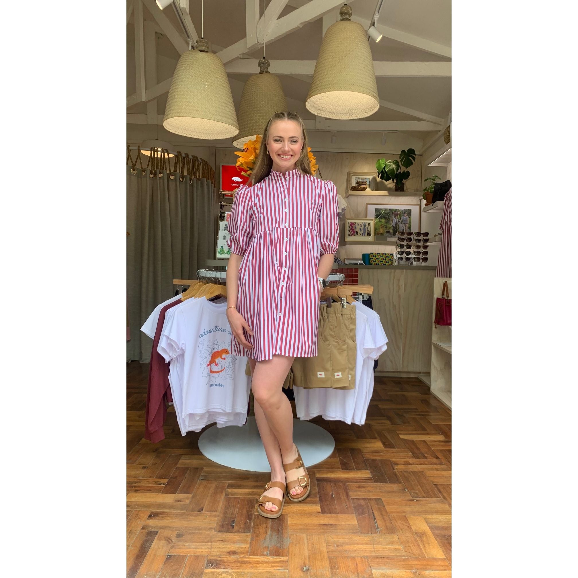 Cotton Poplin Dress - Red and White Stripe