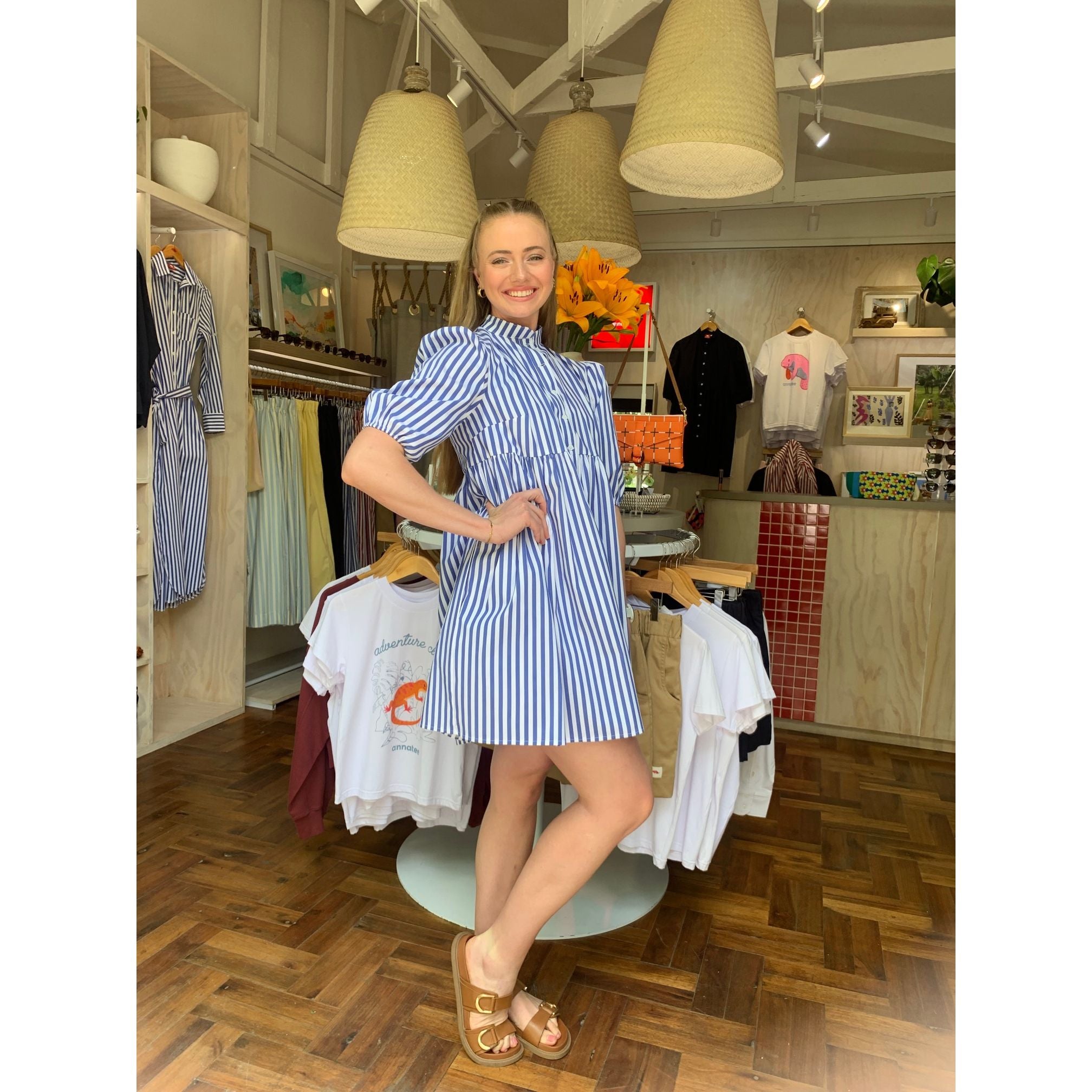 Cotton Poplin Dress - Blue and White Stripe