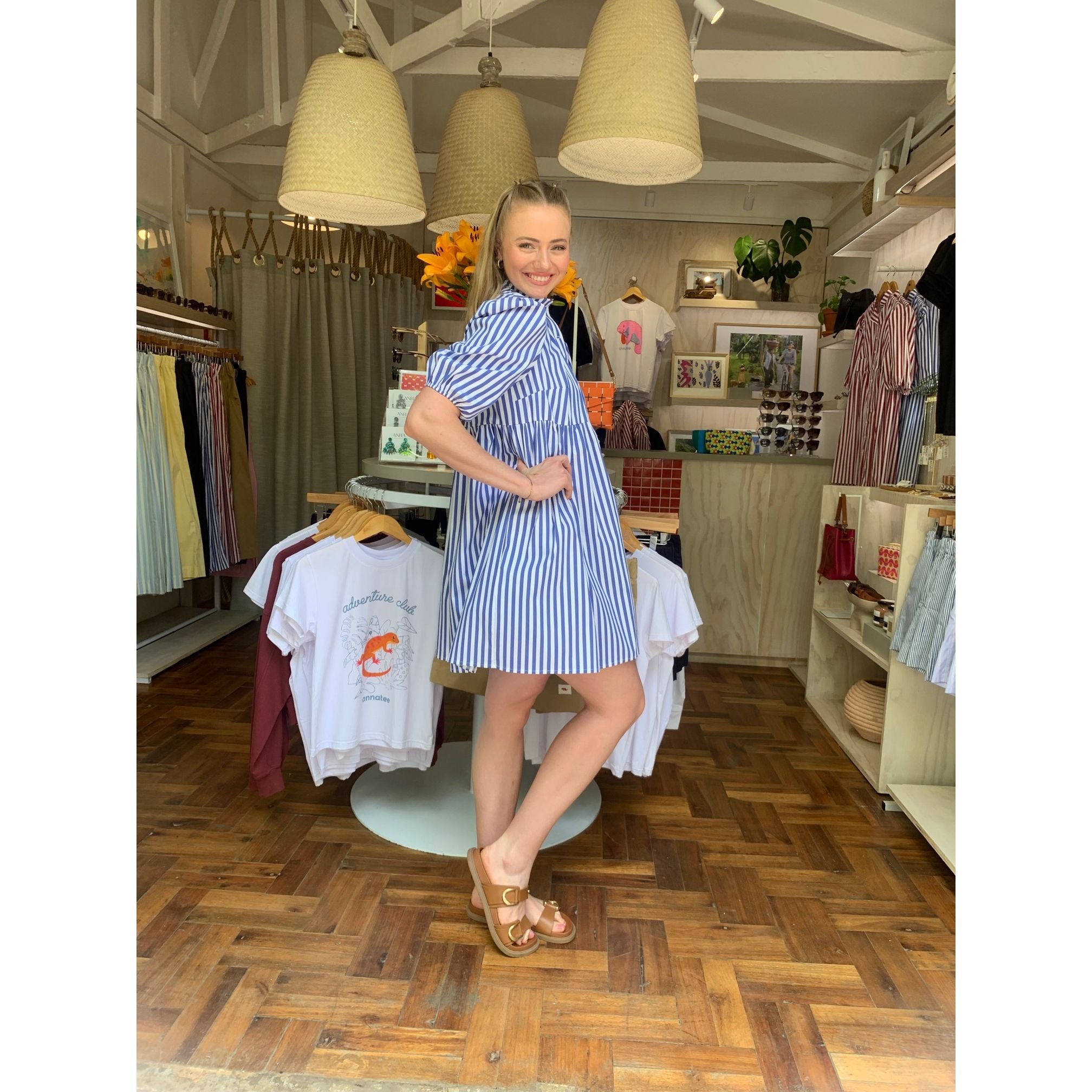 Cotton Poplin Dress - Blue and White Stripe