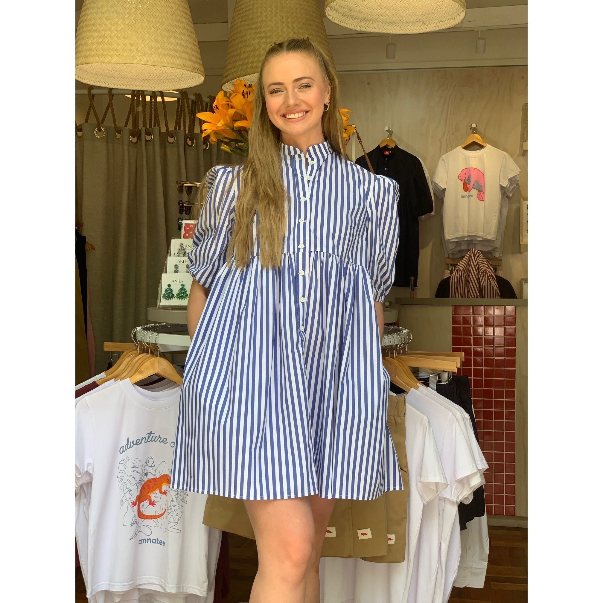 Cotton Poplin Dress - Blue and White Stripe
