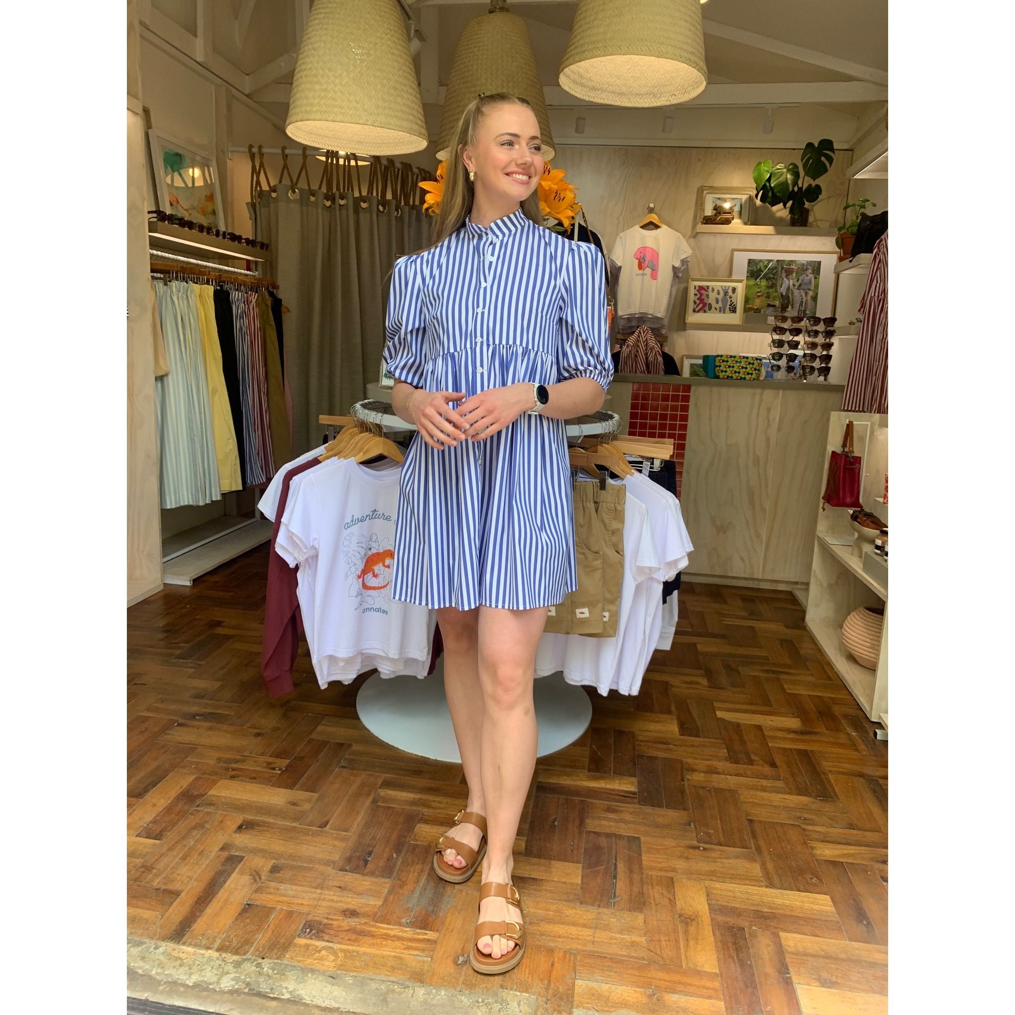 Cotton Poplin Dress - Blue and White Stripe