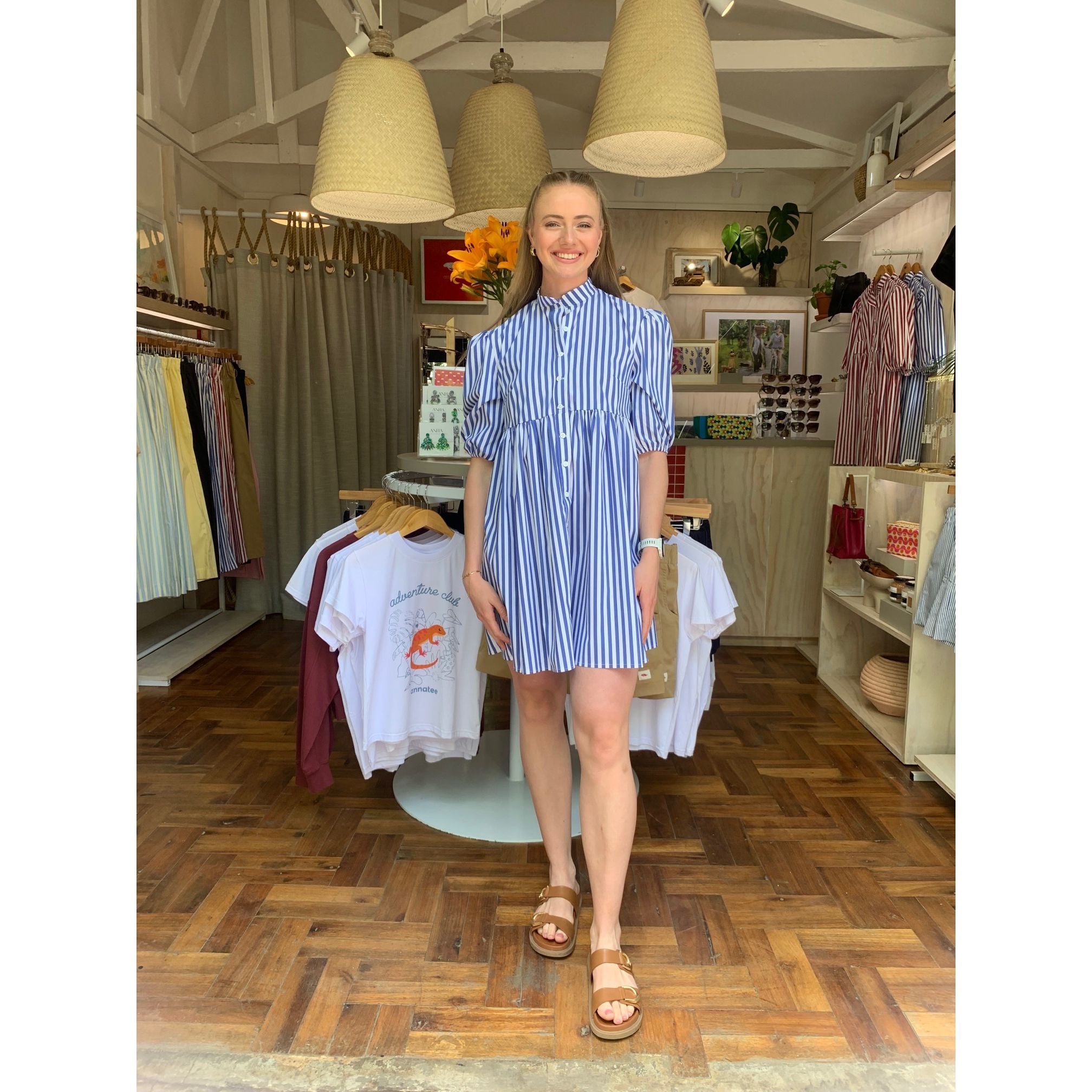 Cotton Poplin Dress - Blue and White Stripe